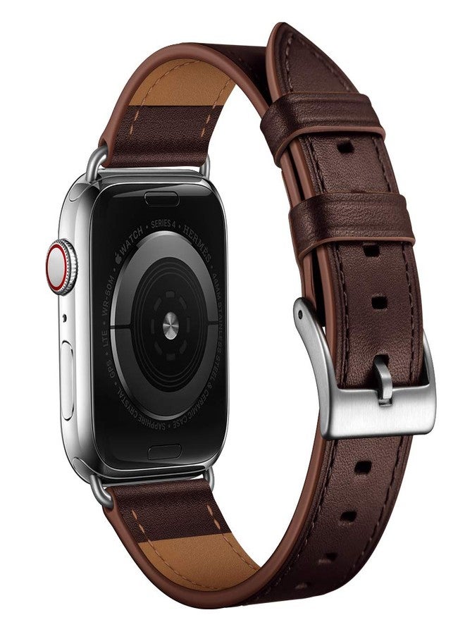 OUHENG Leather Bands Compatible with Apple Watch Band 49mm/46mm/45mm/44mm/42mm, Genuine Leather Strap for iWatch Series 11/10/9/8/7/6/5/4/3/2/1 & Ultra 3/2/1 & SE3 SE2 SE, Chocolate Brown/Silver - Image 2